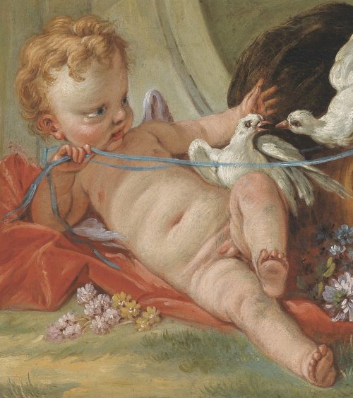 François Boucher (Paris 1703–1770) Amour jouant avec deux colombes Wildenstein 1976, Bd. I, S. 332, Nr. 217/2, Abb. 662 und 1980, S. 103, Nr. 223