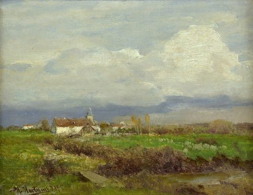 Heinrich Hartung 1851-1919 Bauernhof in einer weiten Landschaft - signiert : H.Hartung Ddf.