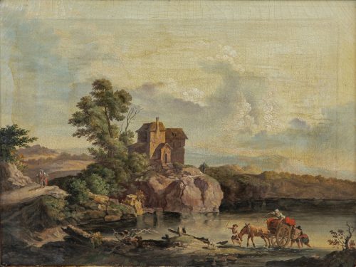 Alternative view of Jean-Baptiste Pillement 1728 Lyon - 1808 Lyon attr.  Französische Landschaft mit Pferdekarren am Seeufer