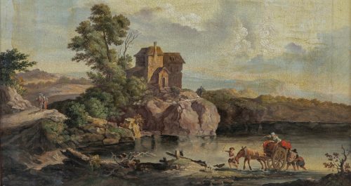 Jean-Baptiste Pillement 1728 Lyon - 1808 Lyon attr. Französische Landschaft mit Pferdekarren am Seeufer