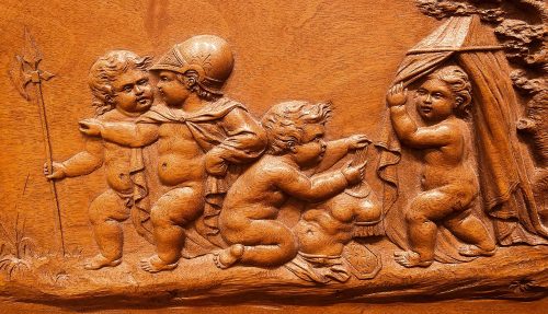 Kleines Holzrelief "Les Enfants Guerriers" Barock wohl Frankreich Louis XIV Ende 17.Jh.