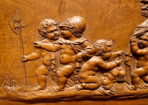 Kleines Holzrelief "Les Enfants Guerriers" Barock wohl Frankreich Louis XIV Ende 17.Jh.