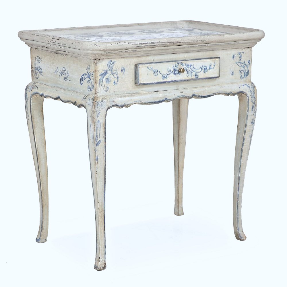 Tisch Rokoko Dänemark Louis XV um 1750 Fliesenbild bestehend aus 15 niederländischen Fayence-Fliesen blau-weiß