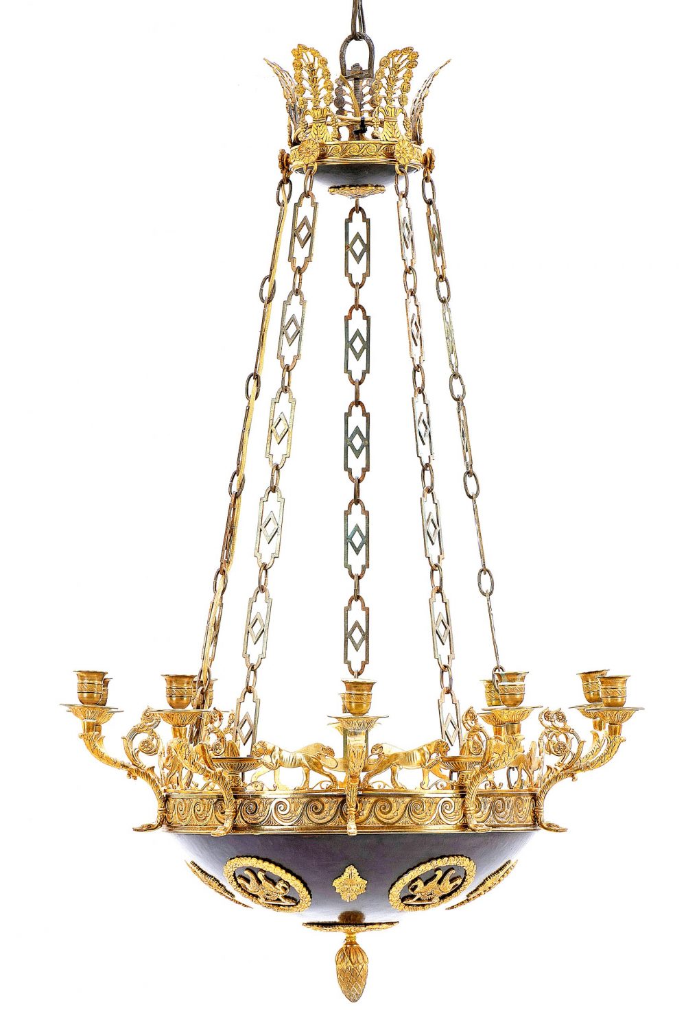 Kronleuchter Deckenlampe 10-armig Empire um 1820   H.90 cm; D.60 cm  Nachträglich elektrifiziert