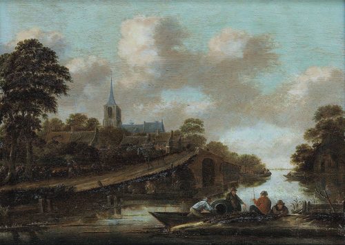 Thomas Heeremans 1641-1694 Flußlandschaft mit Dorfansicht und Fischern in einem Boot - Expertise Dr. Meijer, Amsterdam