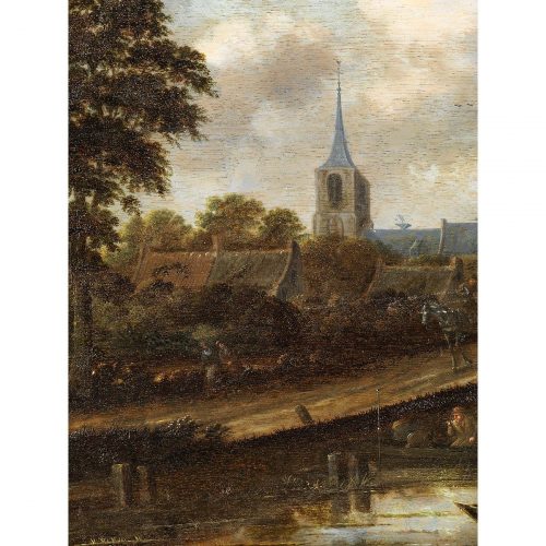 Thomas Heeremans 1641-1694 Flußlandschaft mit Dorfansicht und Fischern in einem Boot - Expertise Dr. Meijer, Amsterdam