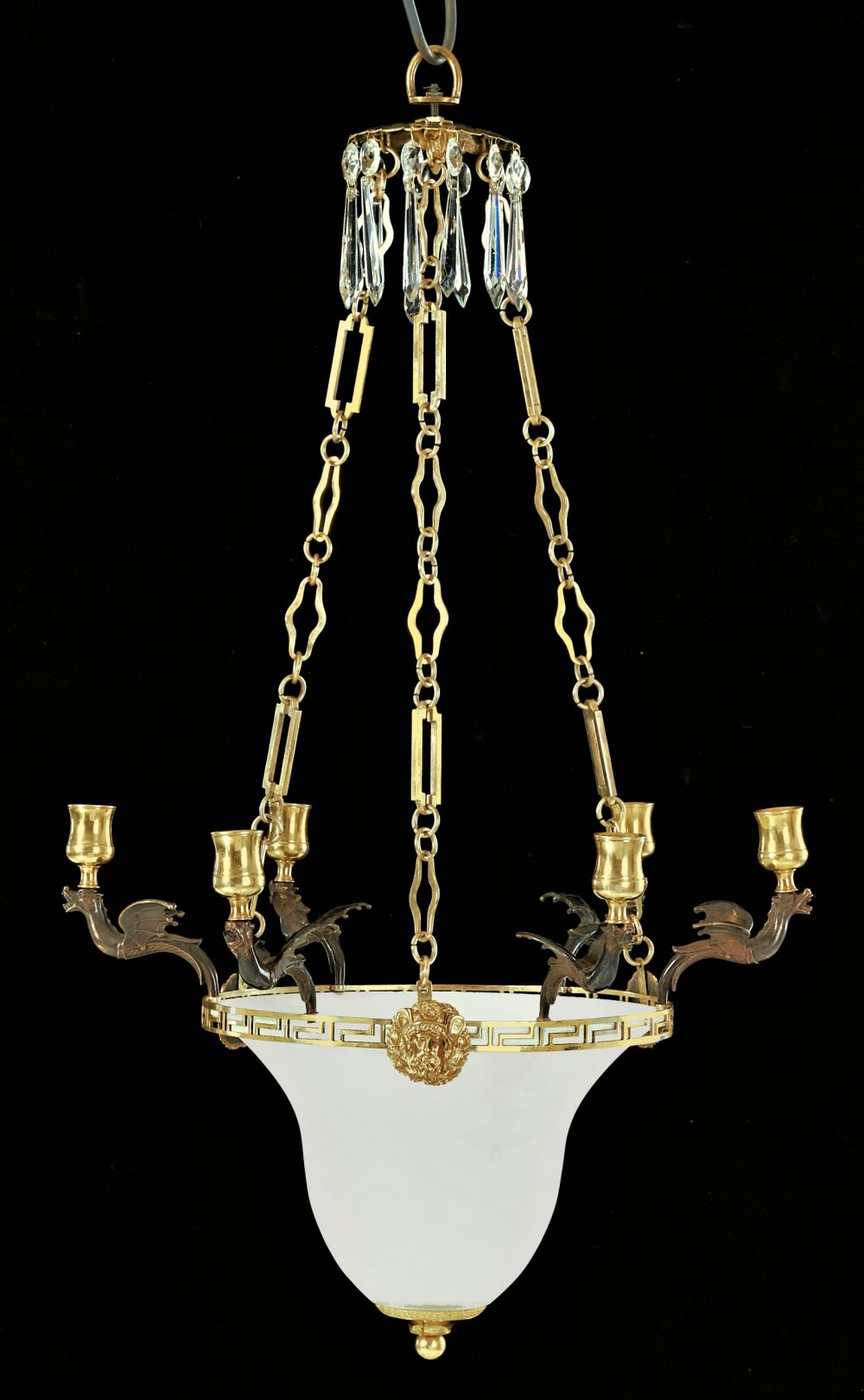 Ampel Lüster Kronleuchter Laterne Klassizismus Louis XVI um 1790  H. ca. 30 cm (ohne Kette) bzw. 70 cm, Br. 44 cm