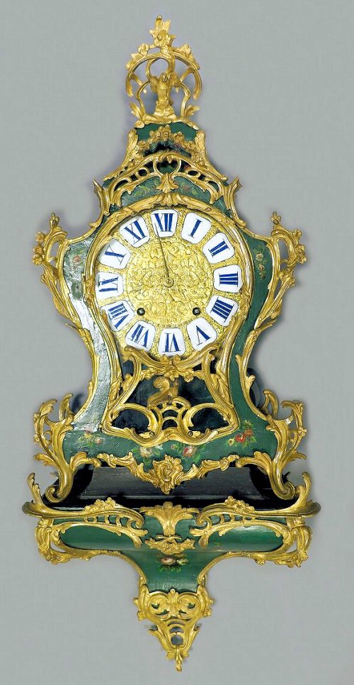 Alternative view of Carteluhr Wanduhr Rokoko Louis XV Frankreich um 1750 Lackmalerei « Vernis Martin » Grüner Fond mir polychromen Blumenbuketts