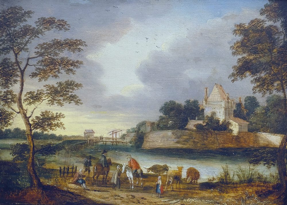 Mattheus Molanus 1590-1645 attr.  Flußlandschaft mit Personenstaffage  H. 25 cm, Br. 34 cm  Öl auf Holz