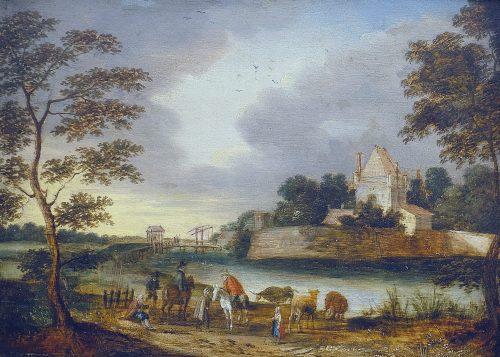 Alternative view of Mattheus Molanus 1590-1645 attr.  Flußlandschaft mit Personenstaffage  H. 25 cm, Br. 34 cm  Öl auf Holz