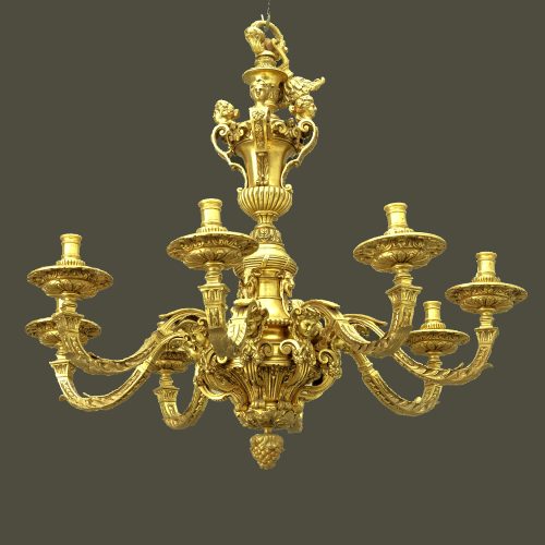 Lüster Kronleuchter Barock Louis XIV i.d.A. André-Charles Boulle (1642-1732) Frankreich 19.Jh. feuervergoldete Bronze H. 80 cm, D. 77 cm