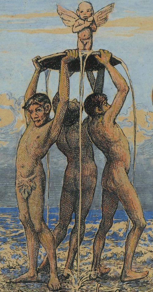 Hans THOMA (Bernau 1839 - Karlsruhe 1924) Meerwunder Vorlage zur gleichnamigen Lithographie Feder und braune Tinte, Aquarell. Signiert und datiert unten rechts: Hans Thoma 1920.