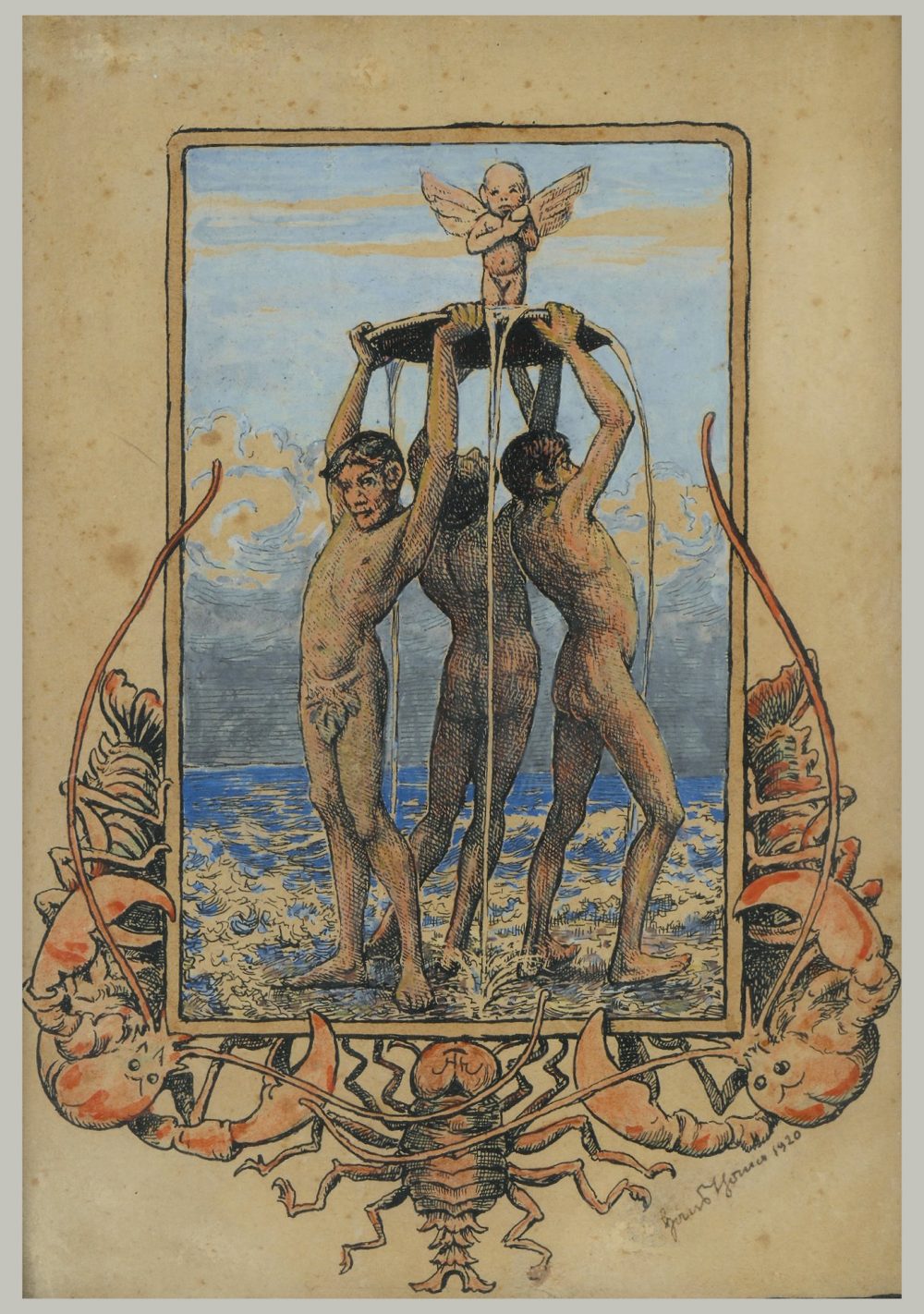 Hans THOMA (Bernau 1839 - Karlsruhe 1924)  Meerwunder Vorlage zur gleichnamigen Lithographie  Feder und braune Tinte, Aquarell.  Signiert und datiert unten rechts: Hans Thoma 1920.