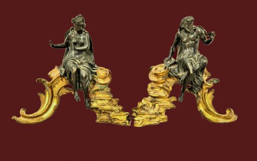 Bedeutende Kaminböcke Vulkan und Venus Rokoko Chenets Louis XV Frankreich um 1730 Jacques Caffieri attr.