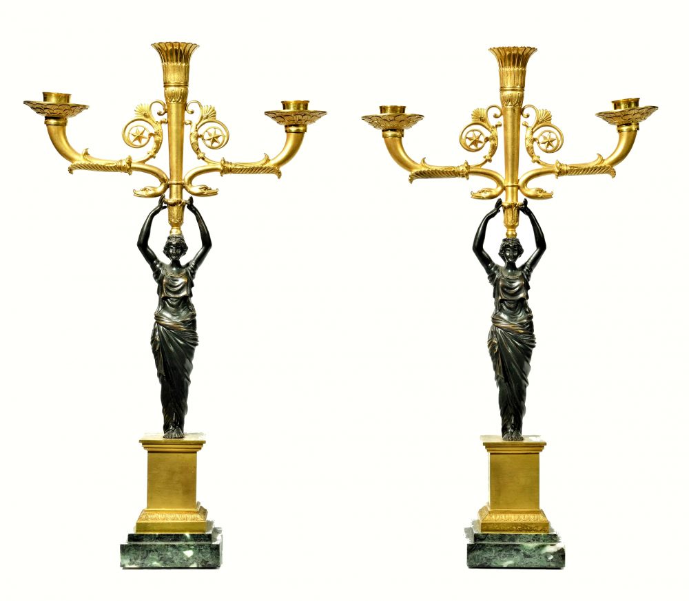 Kandelaber Girandolen Paar Karyatiden Empire um 1820   H. 49 cm, Br. 28,5 cm