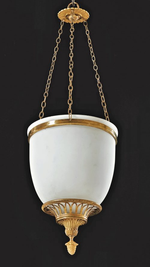 Ampel Deckenlampe Empire um 1800  Opalglas   H. 63 cm