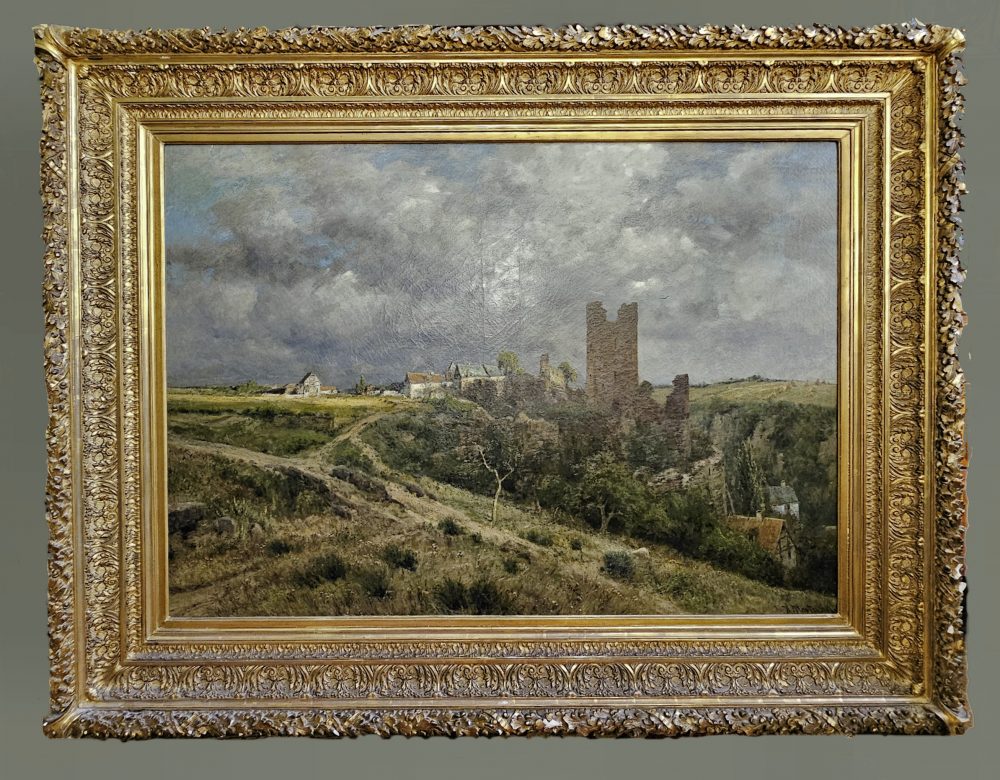 HEINRICH HARTUNG (1851-1919)  Große ideale Eifellandschaft mit heraufziehendem Gewitter 93,5 x 133 cm Signiert und datiert rechts unten: H. Hartung 93.  Im Originalrahmen  Ein Hauptwerk des Malers.