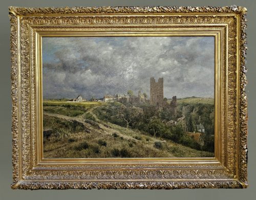 HEINRICH HARTUNG (1851-1919)  Große ideale Eifellandschaft mit heraufziehendem Gewitter 93,5 x 133 cm Signiert und datiert rechts unten: H. Hartung 93.  Im Originalrahmen  Ein Hauptwerk des Malers.