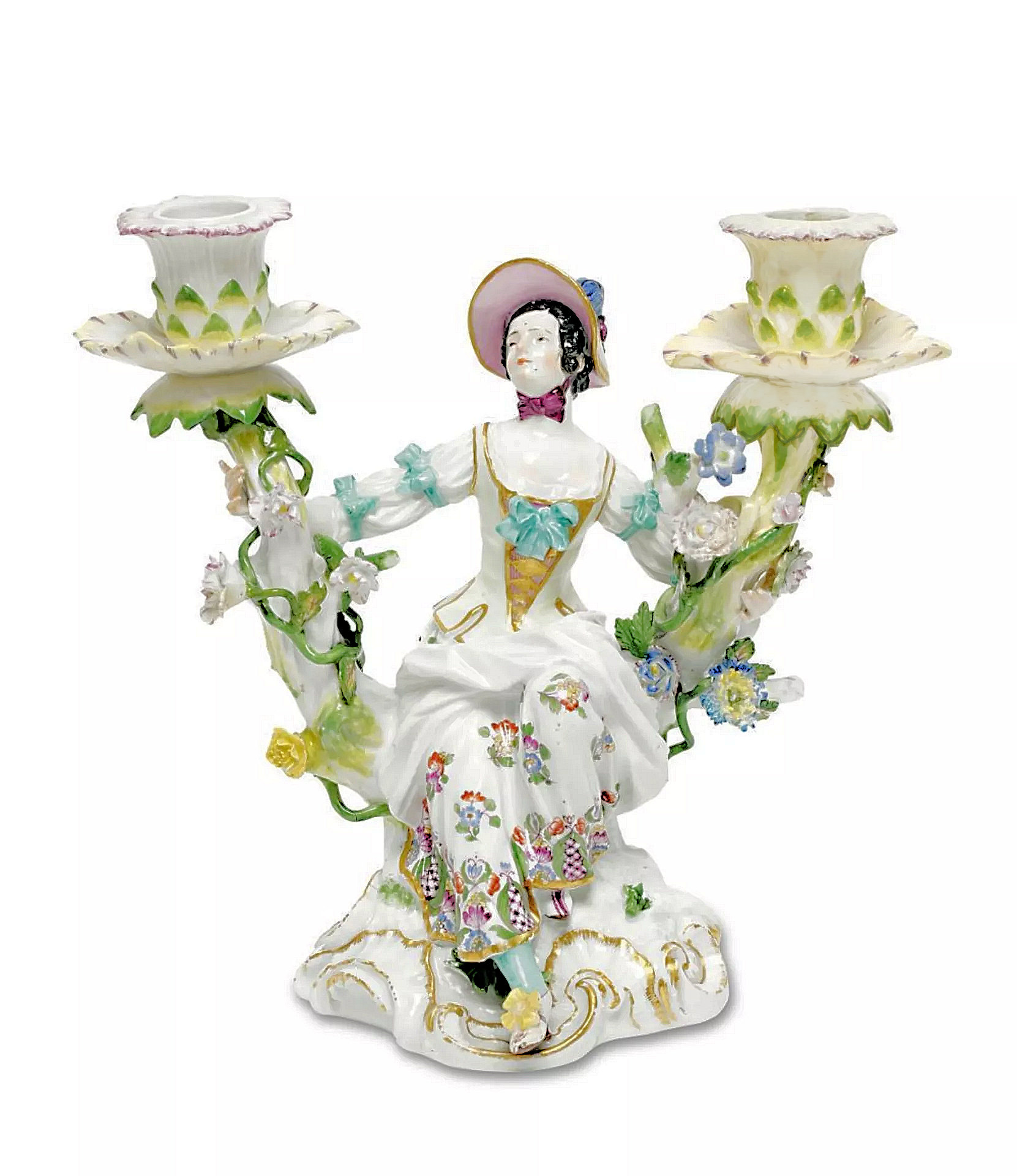 Meißen Porzellan um 1760 Modell von Johann Joachim Kaendler Leuchter zwei-armig mit Gärtnerin Höhe 20 cm – Bild 7