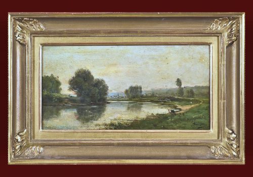 CHARLES FRANÇOIS DAUBIGNY (1817 Paris 1878)  Flusslandschaft mit Wäscherin signiert