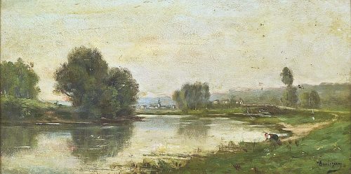 Alternative view of CHARLES FRANÇOIS DAUBIGNY (1817 Paris 1878)  Flusslandschaft mit Wäscherin signiert