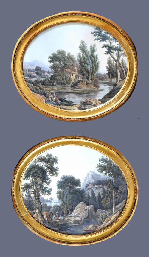 JEAN-BAPTISTE POURCELLY tätig 1791 – 1802  Ein Paar südliche Ideallandschaften  Gouache  jeweils mittig unten signiert. 52 x 63 cm