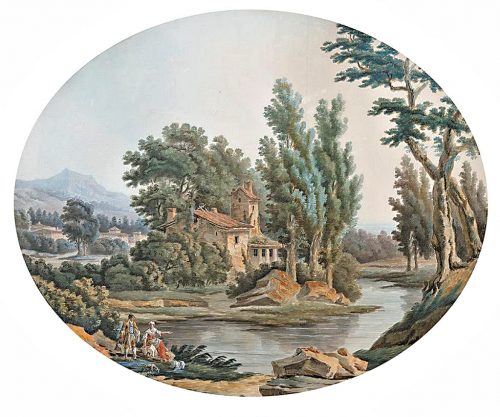 JEAN-BAPTISTE POURCELLY tätig 1791 – 1802 Ein Paar südliche Ideallandschaften Gouache jeweils mittig unten signiert. 52 x 63 cm