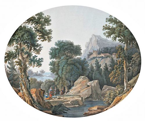 JEAN-BAPTISTE POURCELLY tätig 1791 – 1802 Ein Paar südliche Ideallandschaften Gouache jeweils mittig unten signiert. 52 x 63 cm