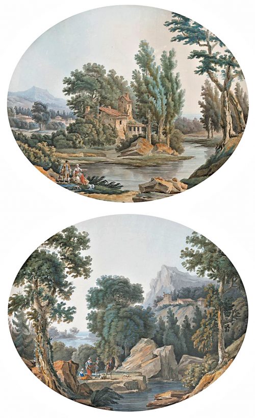 JEAN-BAPTISTE POURCELLY tätig 1791 – 1802 Ein Paar südliche Ideallandschaften Gouache jeweils mittig unten signiert. 52 x 63 cm