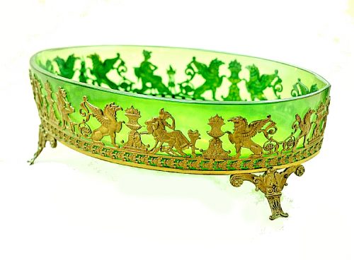 Schale Empire Frankreich grünes Glas um 1820 L. 22 cm, H. 9 cm, T. 10 cm