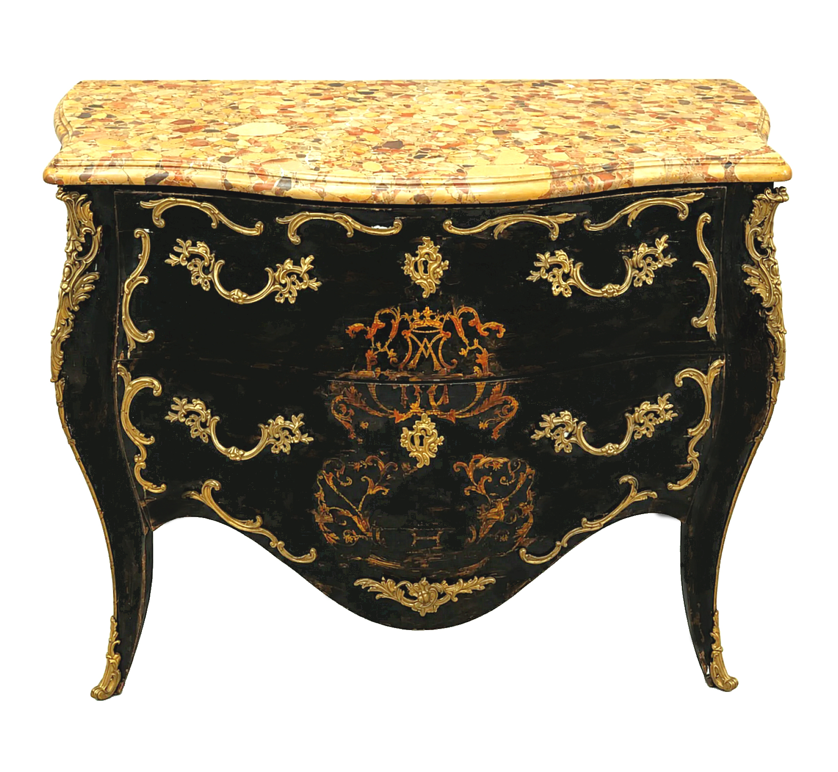 Kommode Rokoko Frankreich Louis XV um 1750 Schwarzlack mit Adelswappen in Kartusche 90 x 62 x 126 cm Provenienz: Bedeutendes französisches Adelshaus